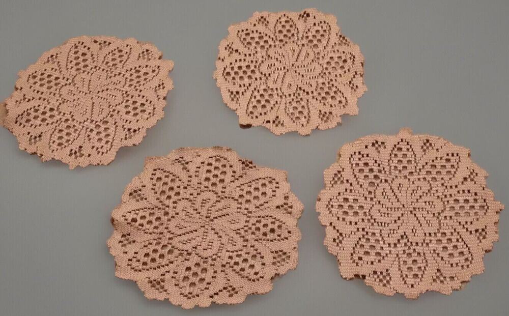 Doily Coaster Set of 4 Light Brown Flower Scalloped Edge 7 inch Vintage